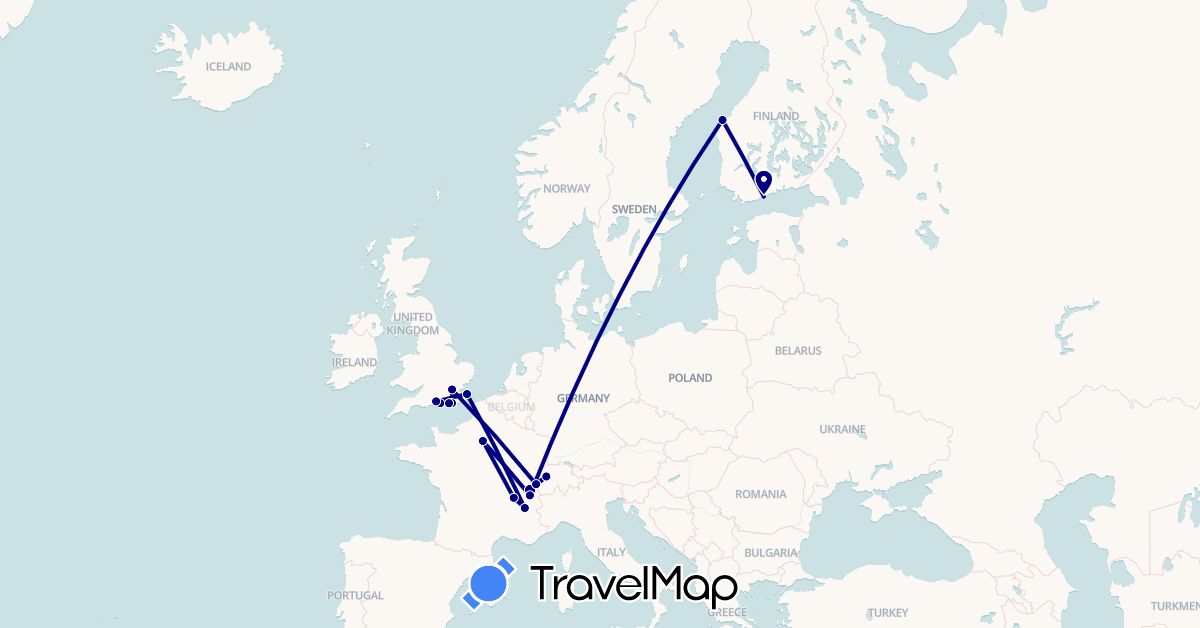 TravelMap itinerary: driving in Switzerland, Finland, France, United Kingdom (Europe)